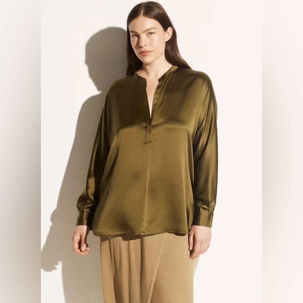 Vince Silk Satin Band Collar Blouse